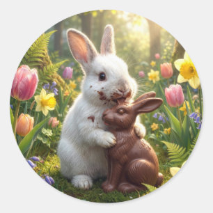 Rabbit Licking a Chocolate Easter Bunny Classic Round Sticker