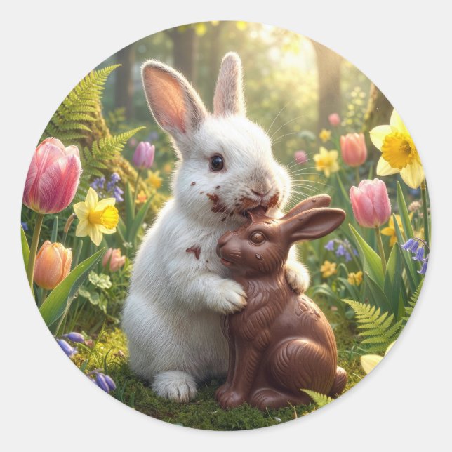 Rabbit Licking a Chocolate Easter Bunny Classic Round Sticker (Front)