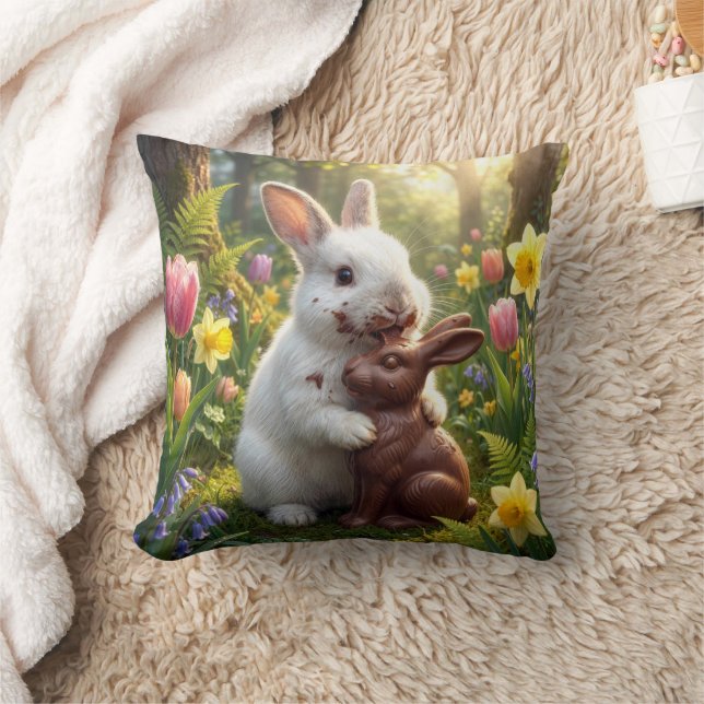 Rabbit Licking a Chocolate Easter Bunny Cushion (Blanket)