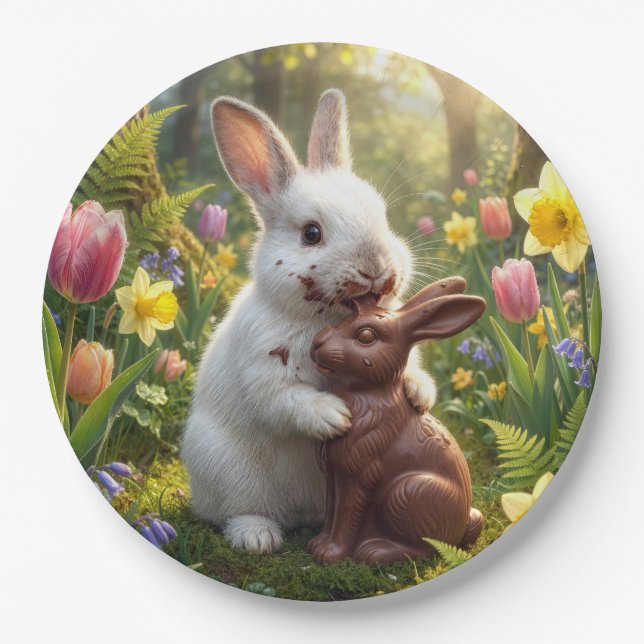 Rabbit Licking a Chocolate Easter Bunny Paper Plate (Front)