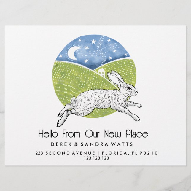 Rabbit  Lino Style Change of Address Card  (Front)