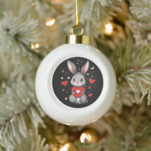Rabbit Lover Heart Girl Ceramic Ball Christmas Ornament