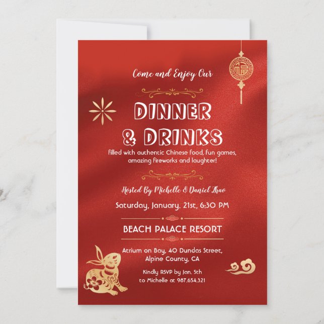 Rabbit Lunar New Year Celebration Dinner Party Invitation (Back)