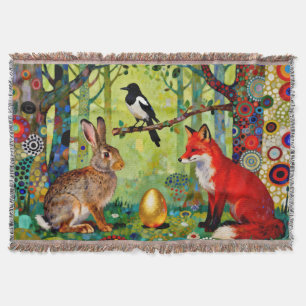 Rabbit, Magpie, Fox and “The Forest’s Secret” Throw Blanket