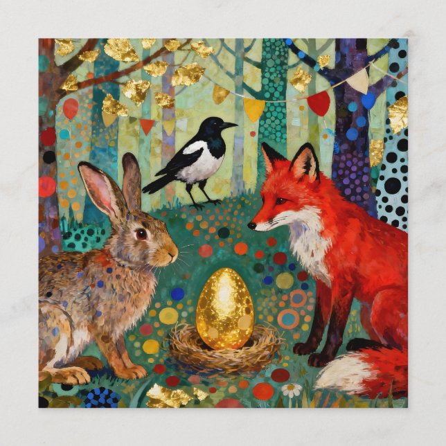 Rabbit, Magpie, Fox and “The Golden Goose Egg” Invitation (Front)