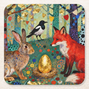 Rabbit, Magpie, Fox and “The Golden Goose Egg” Square Paper Coaster