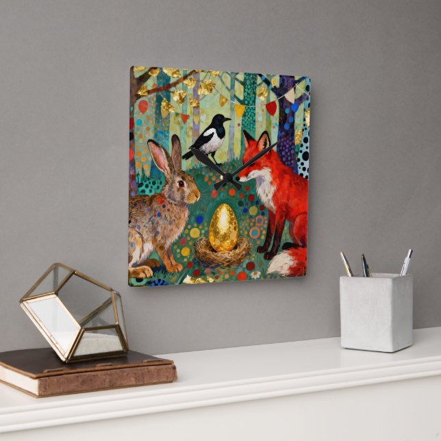 Rabbit, Magpie, Fox and “The Golden Goose Egg” Square Wall Clock (Office)