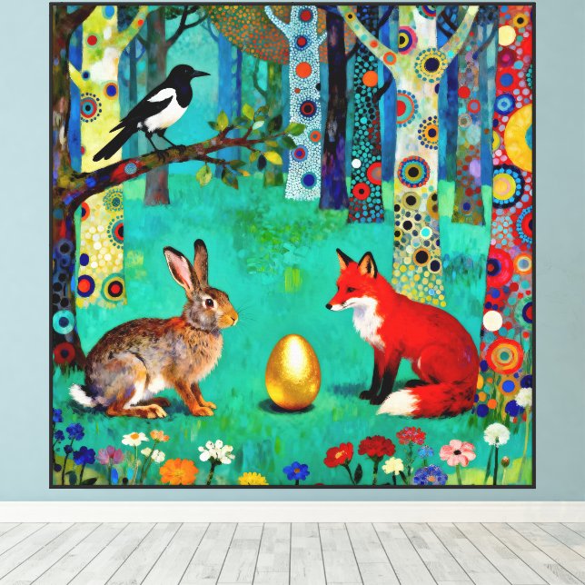 Rabbit, Magpie, Fox and “The Sharing Path” Canvas Print (Insitu(Wood Floor))