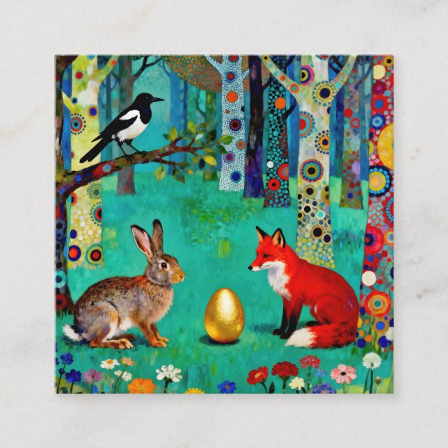 Rabbit, Magpie, Fox and “The Sharing Path” Square Business Card (Front)