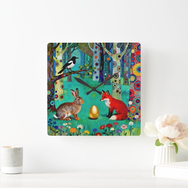 Rabbit, Magpie, Fox and “The Sharing Path” Square Wall Clock (Home)