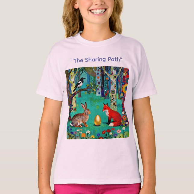Rabbit, Magpie, Fox and “The Sharing Path” T-Shirt (Front)