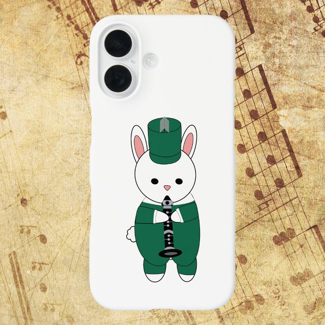Rabbit Marching Band Clarinet Green White Case-Mate iPhone Case (A phone case with a clarinet playing bunny rabbit in a green and white marching band uniform.)