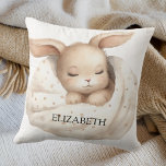 Rabbit moon sky beige cute boho nursery cushion<br><div class="desc">Create a cosy and charming atmosphere in your little one's nursery with our Personalised Baby Rabbit Nursery Pillow. Featuring an adorable painting of a sleeping baby rabbit girl snugly under a blanket, This pillow adds a touch of whimsy and comfort to any nursery decor. Sweet and Serene Design: The pillow...</div>