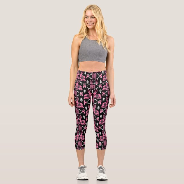 Rabbit Nordic Scandinavian Folk Art Capri Leggings (Front)
