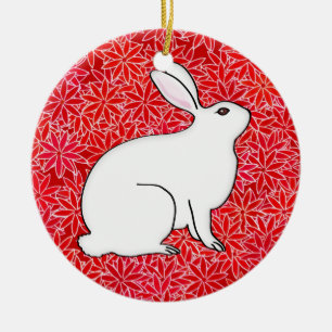 Rabbit on a bed of spring flowers ceramic tree decoration