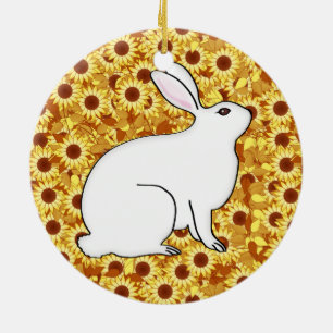 Rabbit on a bed of spring flowers ceramic tree decoration