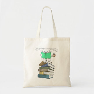 Rabbit on Books and Drinking Coffee Bun Tote Bag