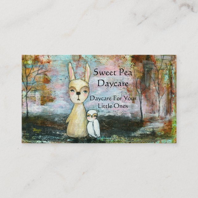 Rabbit Owl Woodland Creatures Daycare Babysitter Business Card (Front)