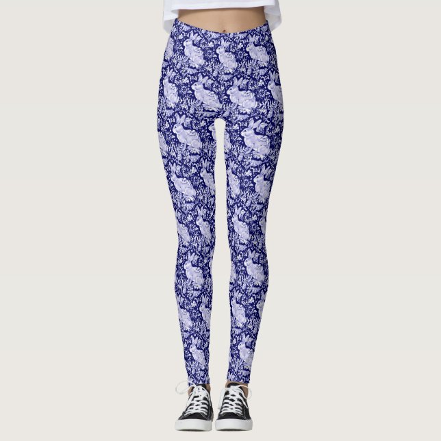 Rabbit Pattern Dark Blue White Bird Floral Unique Leggings (Front)