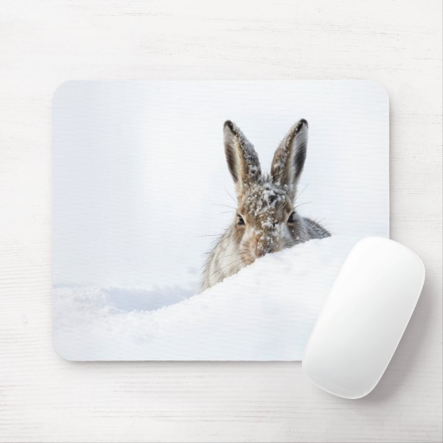 Rabbit Peeking Over a Snowdrift Mouse Mat (With Mouse)