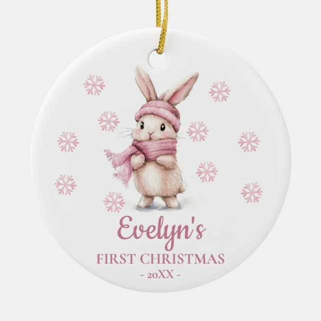 Rabbit Personalized Girl's First Christmas Ceramic Tree Decoration (Front)