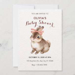 Rabbit pink bow baby shower invitation