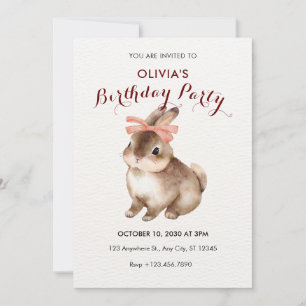 Rabbit pink bow birthday invitation