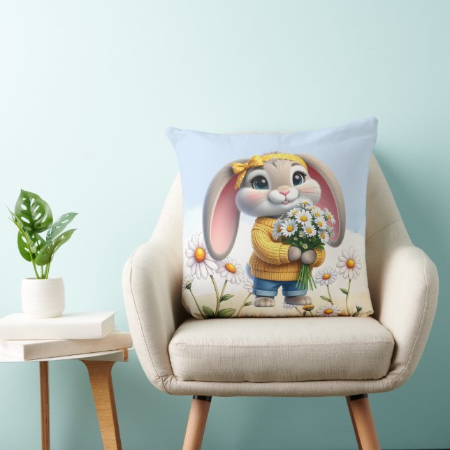 Rabbit pink ears white daisies  cushion (Chair)