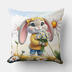 Rabbit pink ears white daisies cushion