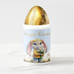 Rabbit pink ears white daisies Happy Easter Bone China Mug