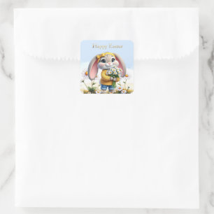 Rabbit pink ears white daisies Happy Easter Square Sticker