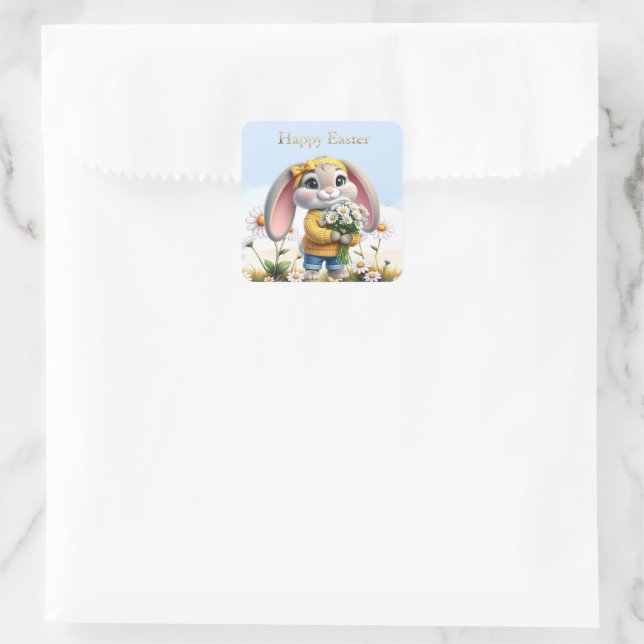 Rabbit pink ears white daisies Happy Easter Square Sticker (Bag)