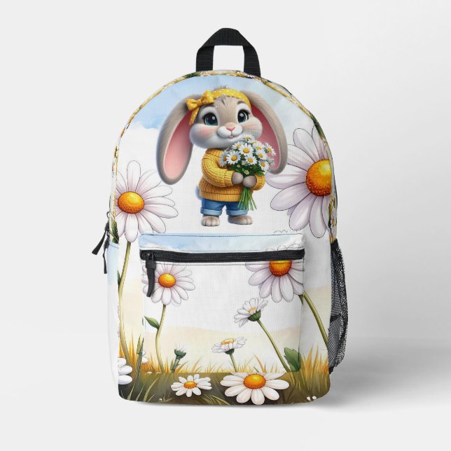 Rabbit pink ears white daisies printed backpack (Front)