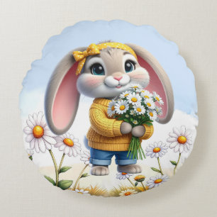 Rabbit pink ears white daisies round cushion