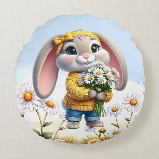 Rabbit pink ears white daisies  round cushion (Front)
