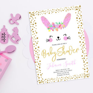 Rabbit Pink Gold Confetti Baby Shower Invitation