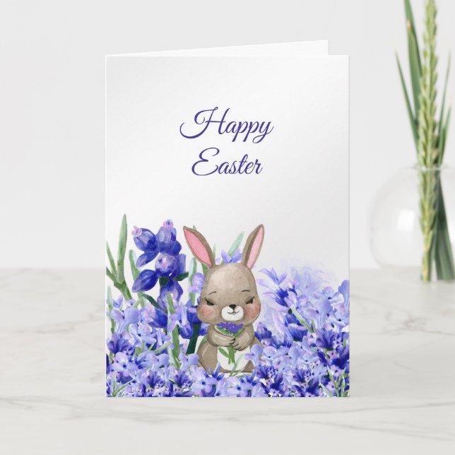 Rabbit Purple Floral Watercolor Easter Holiday Card (Front)