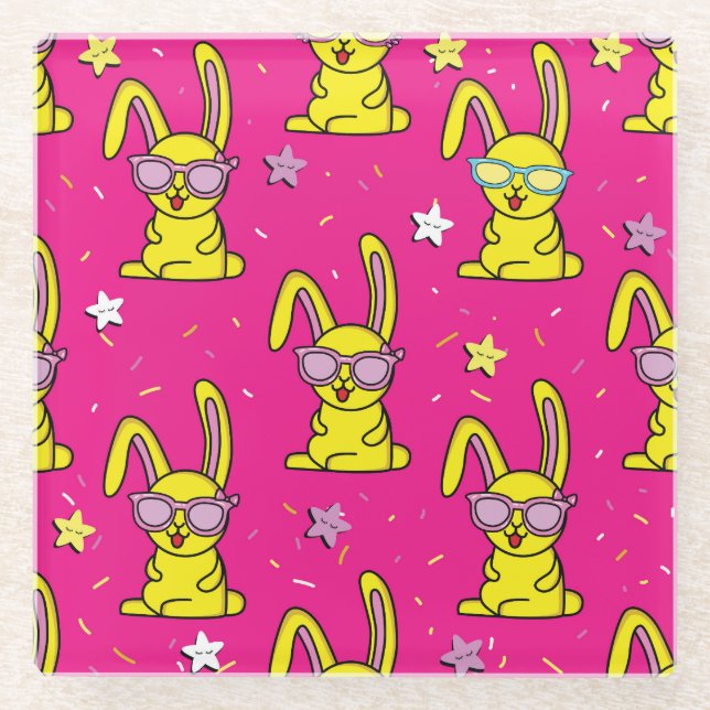 Rabbit Rave: Kids' Pattern Delight Glass Coaster (Front)