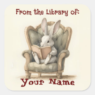 Rabbit Reading Bookplate Square Sticker