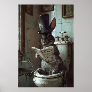 Rabbit reading newspaper on toilet print, hare poster