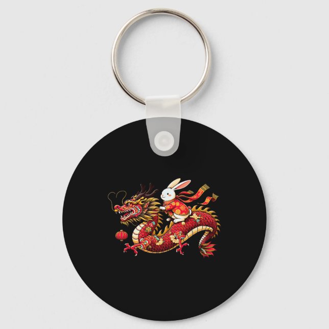 Rabbit Ride Chinese Dragon Funny Mens Womens Happy Key Ring (Front)
