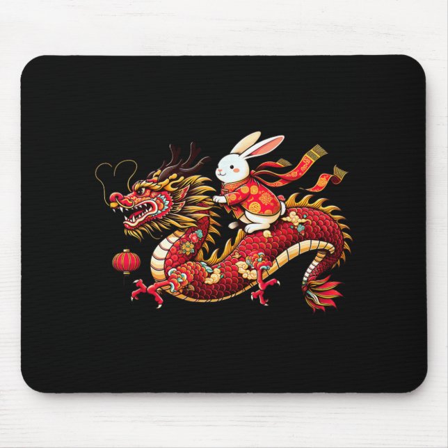 Rabbit Ride Chinese Dragon Funny Mens Womens Happy Mouse Mat (Front)