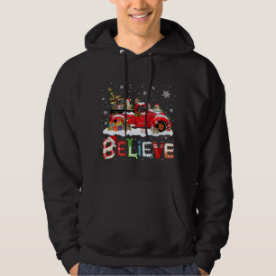 Rabbit Riding Red Truck Christmas Tree Believe San Hoodie