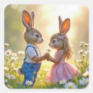 Rabbit Romance In a Daisy Field Square Sticker