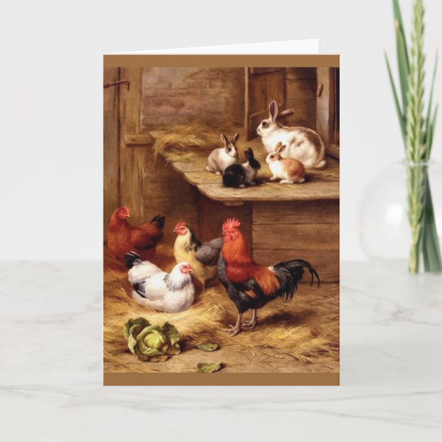Rabbit rooster hens farm animals bunnies card (Front)