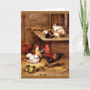 Rabbit rooster hens farm animals bunnies card