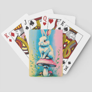 Rabbit Sitting on Mushroom Vibrant Pastel Playing Cards