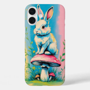 Rabbit Sitting on Mushroom with Vibrant Pastel iPhone 16 Plus Case