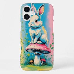 Rabbit Sitting on Mushroom with Vibrant Pastel iPhone 16 Plus Case