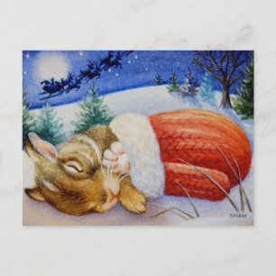 Rabbit Sleeps in Santa's Mitten Watercolor Art Postcard